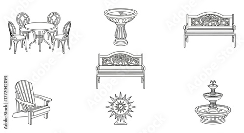 garden furniture set a collection of outdoor benches tables chairs fountains and bird bath for illustrating outdoor living and landscape design