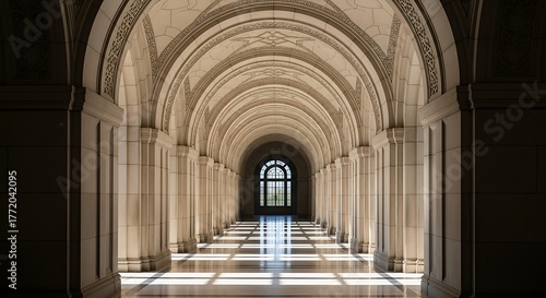 Sunlit stone arches of a historical building creating linear perspective
