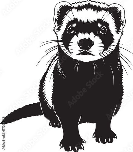 Detailed drawing of a black and white ferret facing forward with intense eyes and wiry whiskers captivating wildlife art
