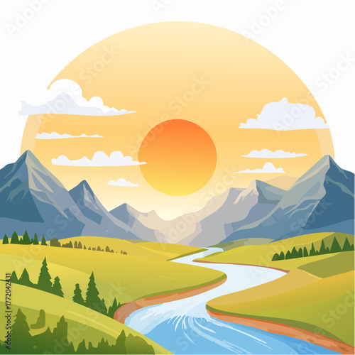 Dramatic summer sunset view with blue sky over snow-capped mountains and forest beside a lake