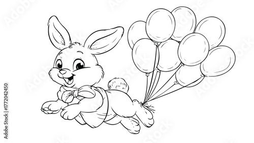 Flying Easter Bunny Balloons Coloring Page Vector Illustration