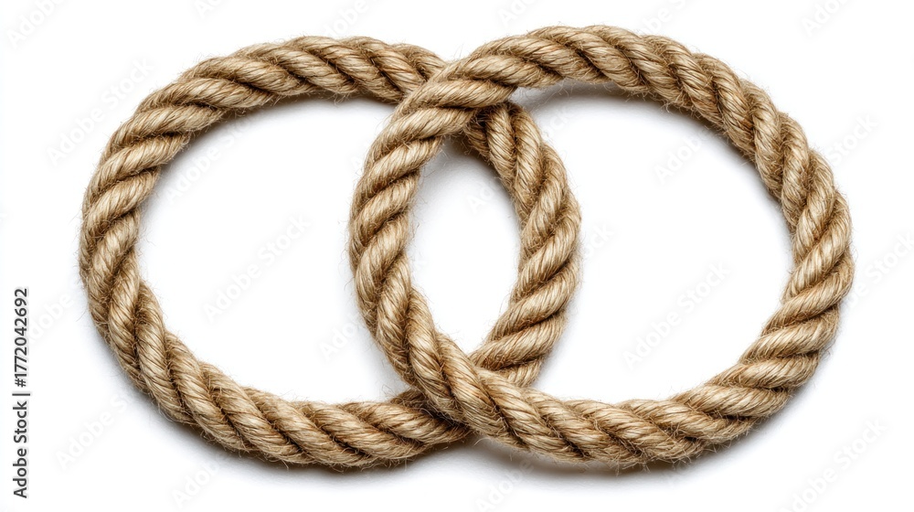 Obraz premium Two interlocking rope circles lie on a white surface, creating a visual of infinity or interconnectedness, shadows gently defining the form
