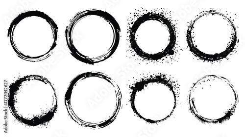 Abstract Grunge Black Circle Frames Brush Set Vector with Outline Isolated