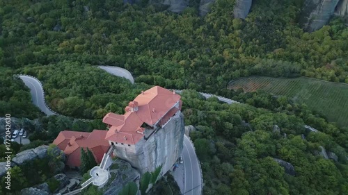 Morning Aerial View of Rousanos Monastery in Meteora, Greece
