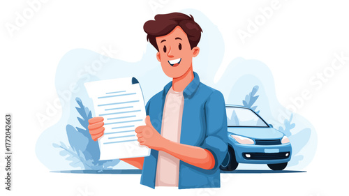 Smiling Man Displaying Car Insurance Paperwork, Vector Illustration with Outline