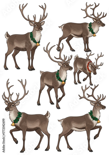Collection of seven illustrated Christmas reindeer with festive collars.