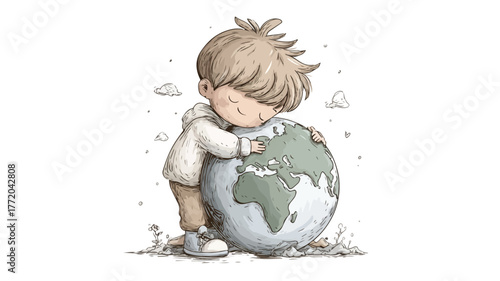 Child Embracing Globe Sphere for Protection Vector