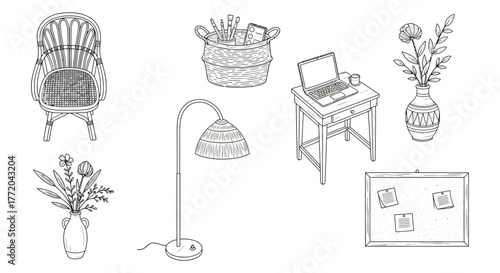 home office decor creating an inspirational workspace with a rattan chair laptop and corkboard perfect for blogs or creative projects.