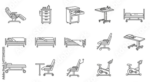 hospital equipment showcasing a range of healthcare furniture for medical facilities highlighting beds chairs and exam tables for treatment areas.