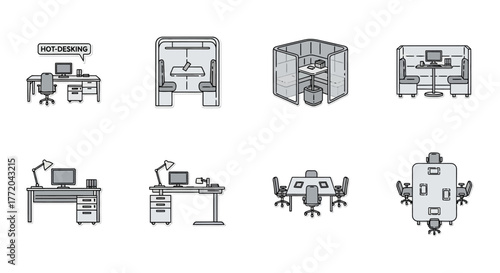 hot-desking office setup showing flexible workspaces collaborative meeting areas open plan work environment ideal for modern business layouts
