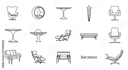 iconic furniture design showcasing a variety of modern seating and tables creating a stylish interior design concept perfect for architecture and decor blogs.