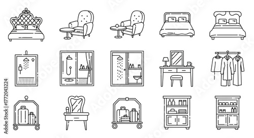 Hotel room icons bed armchair shower and luggage trolley for travel tourism hospitality design and accommodation minimal outline style