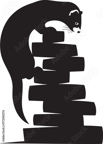 Playful ferret climbing stack of wooden blocks captures joyful moment of childhood adventure and exploration