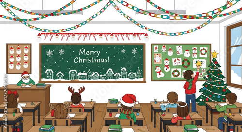 Children and teacher celebrating Christmas in a decorated school classroom.