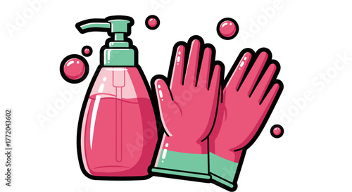 Illustration of a pink soap dispenser with bubbles and a pair of pink gloves.