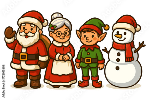 Christmas family characters, santa, elf, snowman, grandma, holiday