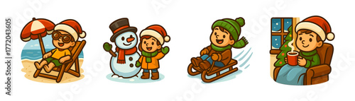Christmas activities cartoon icons, holiday, kids, snow, fun, celebration