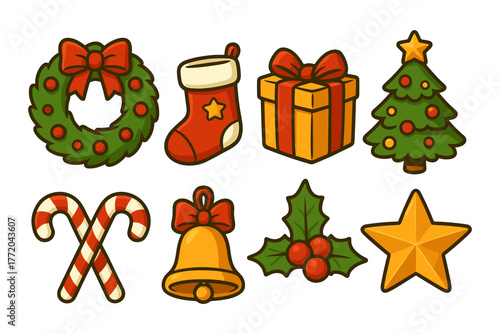 Christmas decorations cartoon icons ,holiday, tree, candy, bell, present