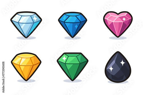 Gemstones cartoon icons, diamond, crystal, jewel, treasure, shiny