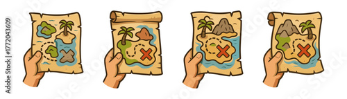 Treasure maps with hands cartoon icons , pirate, quest, adventure, exploration, game