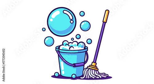 Illustration of a blue bucket filled with soapy bubbles and a mop, suggesting cleaning.