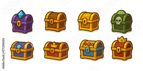 Treasure chests cartoon icons ,gold, loot, fantasy, rpg, adventure