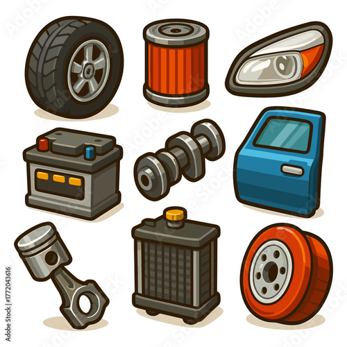 Car parts cartoon icons ,tire, battery, engine, mechanic, auto repair