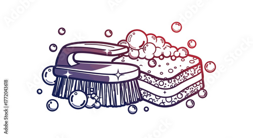 Vector illustration of cleaning tools — a scrub brush and sponge with soap bubbles. Perfect for hygiene, cleaning service, household chores, and cleanliness themes. Minimal, modern