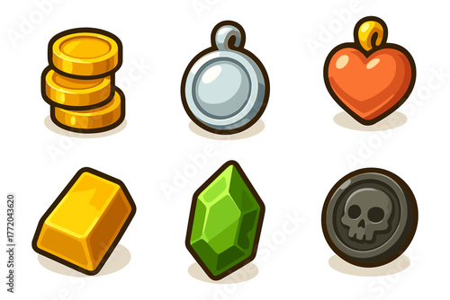 RPG items cartoon icons, coin, gem, heart, gold, token