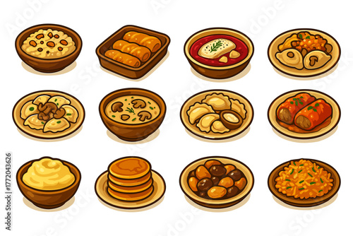 Traditional food cartoon icons, meal, dish, cuisine, cooking, restaurant