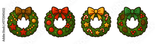 hristmas wreaths cartoon icons – holiday, decoration, festive, winter, celebration