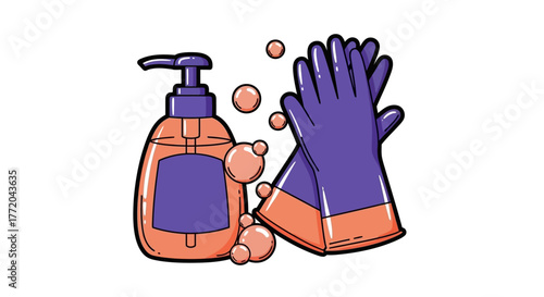 Illustration of a orange and purple soap dispenser with bubbles and a pair of pink gloves.