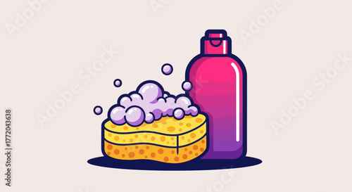 A yellow sponge with purple foam and bubbles next to a pink bottle of liquid soap.