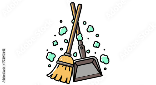 Cartoon illustration of a broom and dustpan with floating dust particles, symbolizing cleaning.
