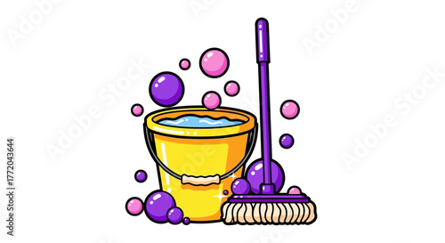 Cartoon illustration of a yellow bucket filled with water and bubbles, next to a purple mop.