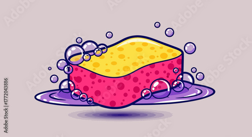 Cartoon illustration of a soapy pink and yellow sponge with purple bubbles in a puddle of water.