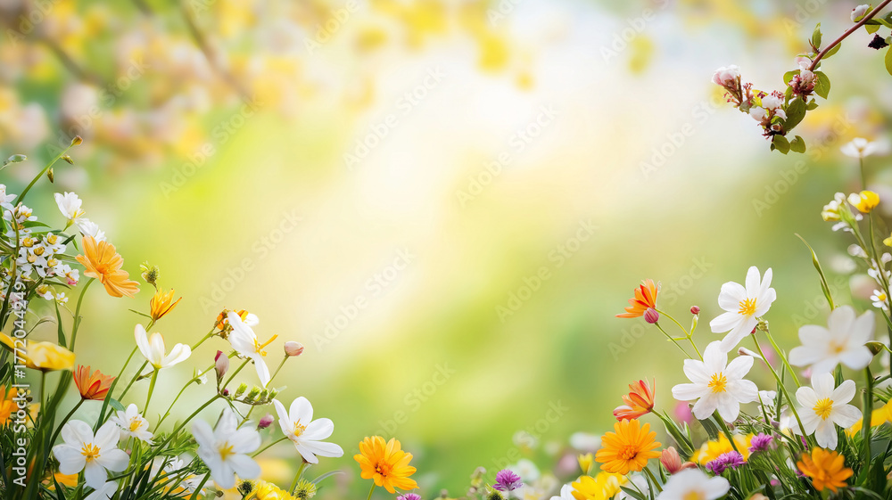 Obraz premium パステルカラーの春の花々が囲むフラワーフレーム構図|春の清潔感と優しさを表現した空間用背景イラスト素材