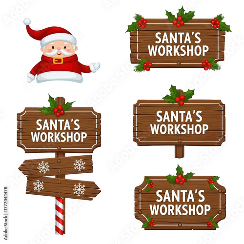 Cartoon Santa Claus and wooden Santas Workshop signs collection.