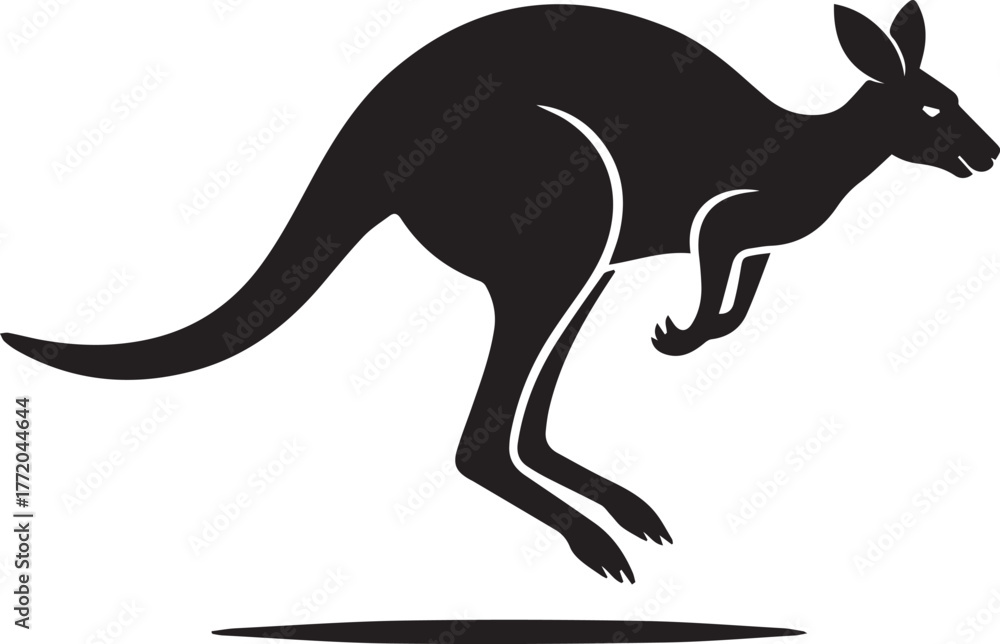 Fototapeta premium kangaroo mid-jump silhouette vector tail extended with shadow