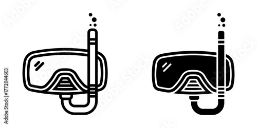 Scuba icon set. A minimalist drawing of a snorkel mask for diving and swimming, representing underwater exploration and vacation themes. Isolated on white background.