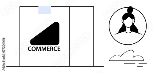 Abstract e-commerce logo on a storefront, female avatar in circular frame, and stylized cloud. Ideal for retail, digital business, branding, entrepreneurship, e-commerce, marketing simplicity flat