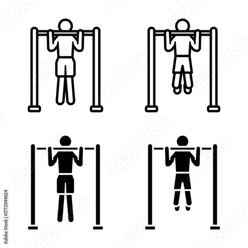 Pull Up icon set.A collection of simple icons depicting a person doing a pull up exercise. Ideal for fitness, gym, or sport related designs. Isolated on white background.