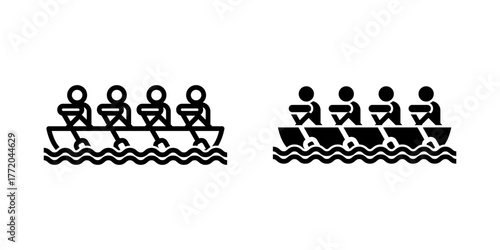 Rowing icon set. Line Art Rowing Team Icon in a Boat with Water Waves Symbol. Isolated on white background.