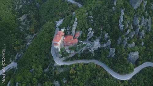 Morning Aerial View of Rousanos Monastery in Meteora, Greece