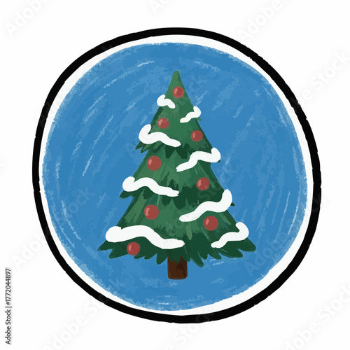 Christmas tree decorated with ornaments and snow on blue background  