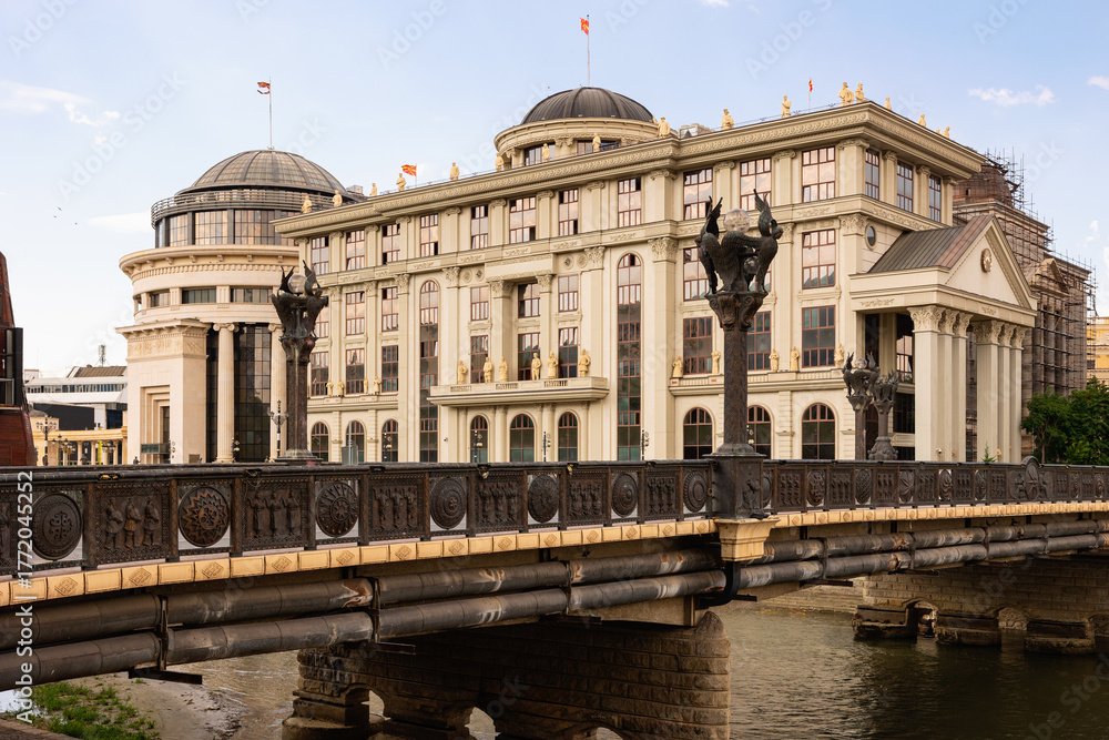 Obraz premium Building of Archaeological Museum of Republic in capital of North Macedonia, Skopje. Place of storage and study, classification of historical artifacts, and exhibitions for visitors..
