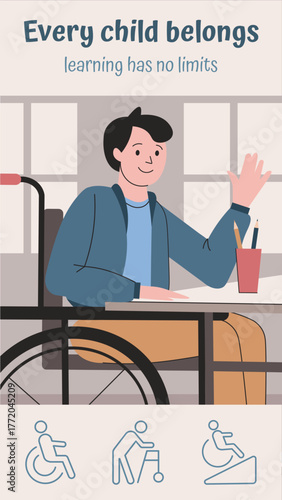 Smiling boy in wheelchair in classroom – inclusive education and accessibility concept