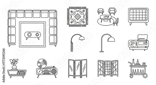 interior design layout furniture arrangement illustrating a retro living room setting with modular sofa rug and bar cart for home decor themes