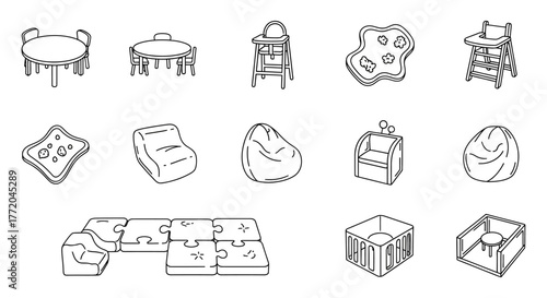 kids furniture set playroom equipment arranged in a playful design creating a fun learning environment perfect for childcare centers or home decor.