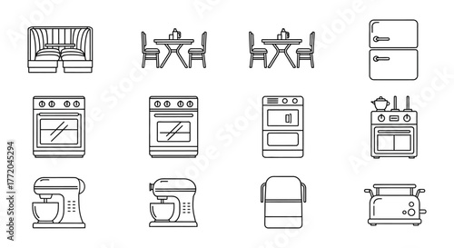 kitchen appliances icons dining table with chairs bed oven fridge and toaster for illustrating interior design  home furnishing concepts